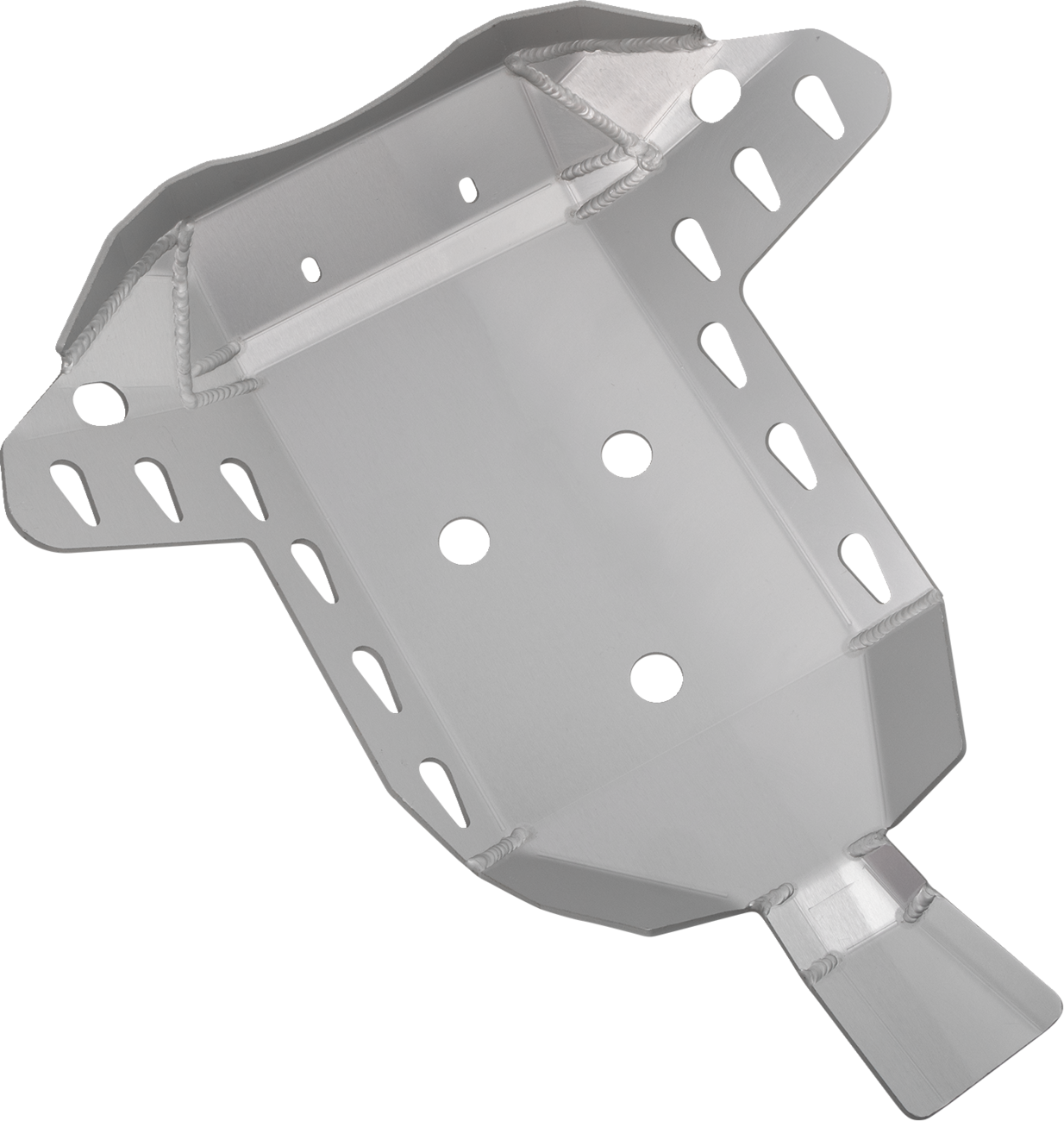 A silver, metal skid plate with multiple cutouts and holes, angled edges, and reinforced welded seams. The plate is designed for vehicle undercarriage protection, with slots for mounting and airflow, shown against a white background.