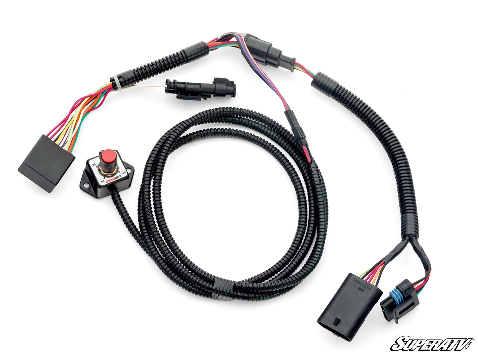 The Polaris UTV Dynojet Throttle Commander features a black wiring harness with multi-colored wires and connectors, a red push button switch on a metal plate, and bundled protective tubing. “SuperATV” appears in the bottom right corner.