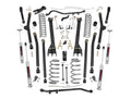 The 4 Inch Lift Kit | Long Arm for Jeep Wrangler TJ 4WD (1997-2006) is displayed on a white background with control arms, coil springs, shocks, sway bars, brackets, bolts, and hardware arranged symmetrically for clear visibility.