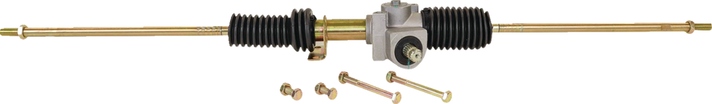A gold-colored automotive steering rack and pinion assembly with black rubber boots on each end, a silver mounting bracket, and five gold bolts arranged in front, all shown against a white background.
