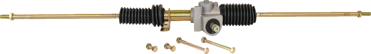 A metal automotive steering rack with black rubber boots at both ends, a silver mounting bracket at the center, and four gold-colored bolts laid out below it, all on a white background.