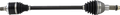 A close-up of a car axle shaft, also known as a CV axle. It has two black rubber boots with accordion-like folds on each end, silver metal joints, and a straight black metal shaft connecting them against a light background.