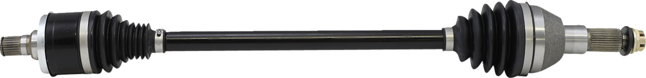 A close-up of a car axle shaft, also known as a CV axle. It has two black rubber boots with accordion-like folds on each end, silver metal joints, and a straight black metal shaft connecting them against a light background.