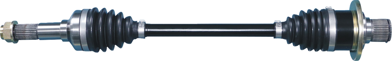 A constant-velocity (CV) axle shaft with black rubber boots on both joints, metal connectors at each end, and a central metal shaft. The shaft is used in vehicles to transfer rotational force from the transmission to the wheels.