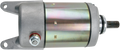 A metallic cylindrical motor with a mounting bracket, electrical terminal, and a protruding grooved shaft on one end. The body is silver and gray with a rainbow sheen. The background is plain white.