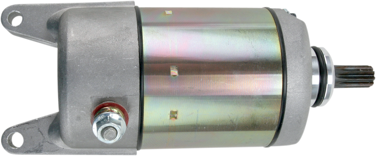 A metallic cylindrical motor with a mounting bracket, electrical terminal, and a protruding grooved shaft on one end. The body is silver and gray with a rainbow sheen. The background is plain white.