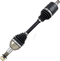 A car axle shaft with two flexible rubber boots, metal joints at each end, and a nut with a cotter pin nearby, shown on a white background.