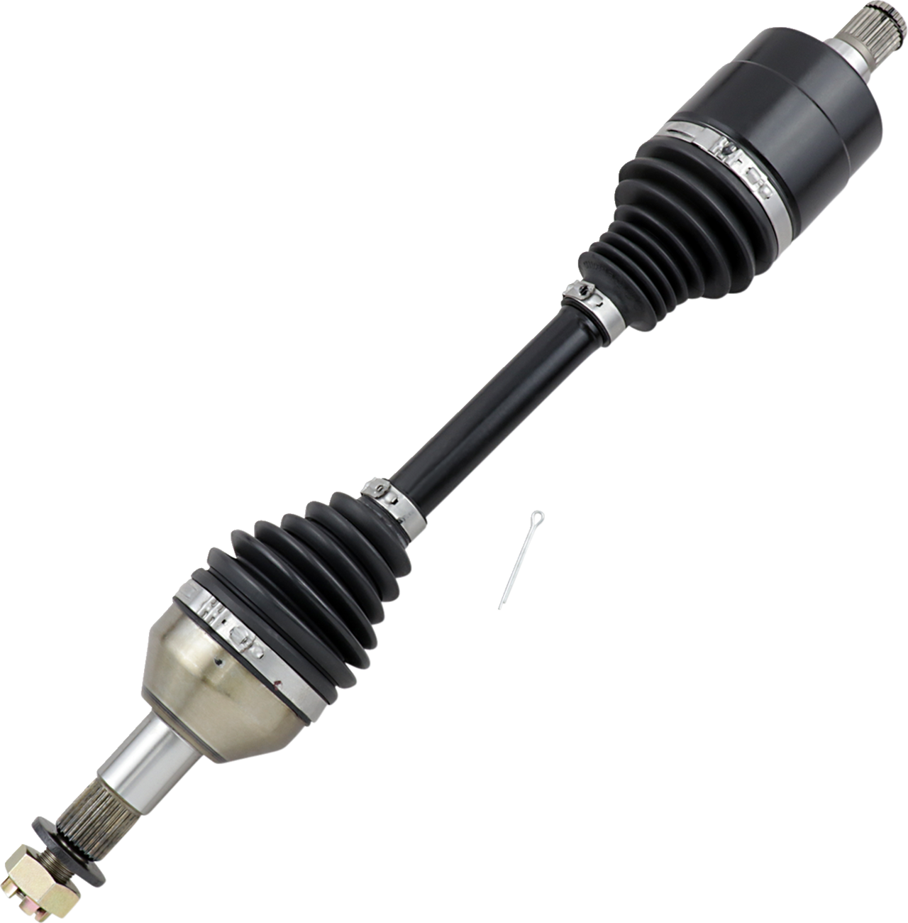 A car axle shaft with two flexible rubber boots, metal joints at each end, and a nut with a cotter pin nearby, shown on a white background.