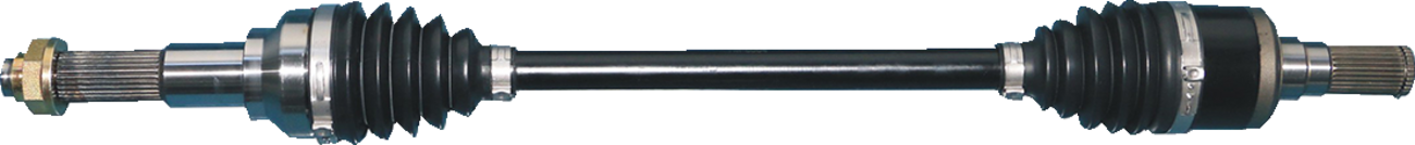 A car axle shaft with rubber boots and metal joints on both ends, showing splined ends for fitting; the central shaft is metallic and cylindrical, with black rubber bellows covering the joints.