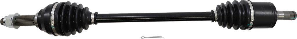 A black automotive axle shaft with rubber boots and metal joints on both ends, designed for a driveshaft or CV axle. A small metal cotter pin lies below the axle on a white background. The axle appears new and unused.