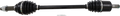 A black automotive axle shaft with rubber boots and metal joints on both ends, designed for a driveshaft or CV axle. A small metal cotter pin lies below the axle on a white background. The axle appears new and unused.
