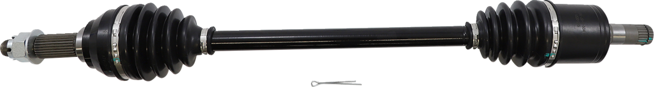 A black automotive axle shaft with rubber boots and metal joints on both ends, designed for a driveshaft or CV axle. A small metal cotter pin lies below the axle on a white background. The axle appears new and unused.