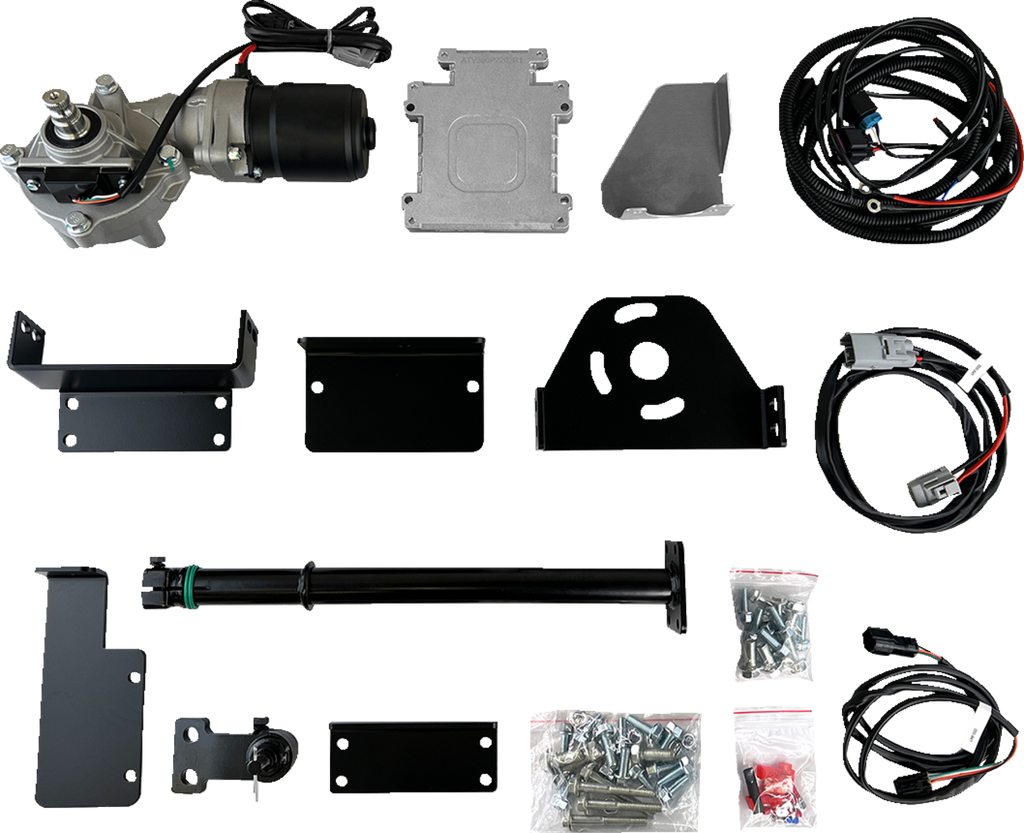 A car wiper motor kit shown from above, including a motor assembly, wiring harnesses, metal mounting brackets, a wiper arm, hardware in small plastic bags, and a metal plate, all laid out neatly on a white background.
