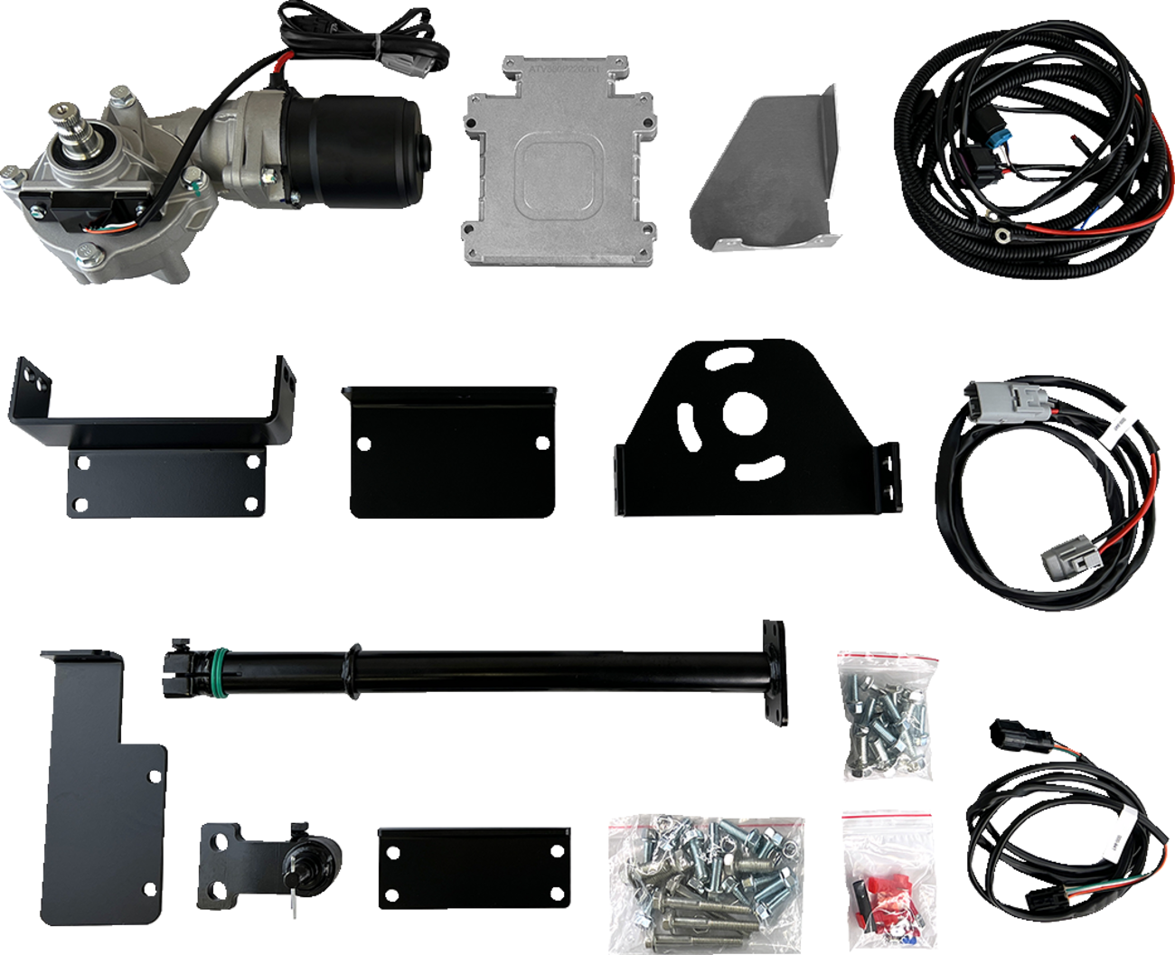 A car wiper motor kit shown from above, including a motor assembly, wiring harnesses, metal mounting brackets, a wiper arm, hardware in small plastic bags, and a metal plate, all laid out neatly on a white background.