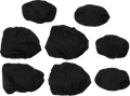 Seven black, crumpled, oval-shaped fabric covers of varying sizes are spread out on a plain white background. The material appears thin and lightweight, with visible folds and gathered edges.