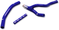 Three blue silicone hoses are shown on a white background. One hose is straight, one is a short cylinder with branding, and the third is a Y-shaped hose with metal fittings on the top branch. All hoses have a shiny finish and small printed logos.