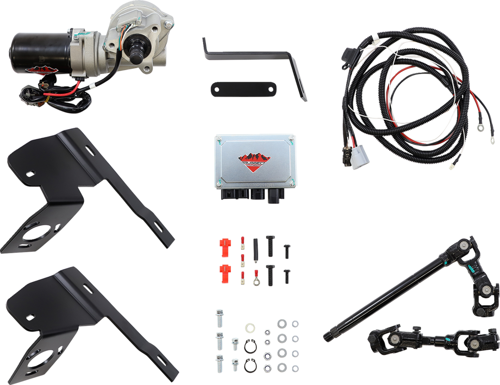 An automotive wiper conversion kit with motor, metal brackets, wiring harness, control module, hardware (nuts, bolts, washers), and linkage rods, all neatly arranged against a white background. Each component is clearly displayed and separated.