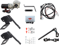 An automotive wiper conversion kit with motor, metal brackets, wiring harness, control module, hardware (nuts, bolts, washers), and linkage rods, all neatly arranged against a white background. Each component is clearly displayed and separated.