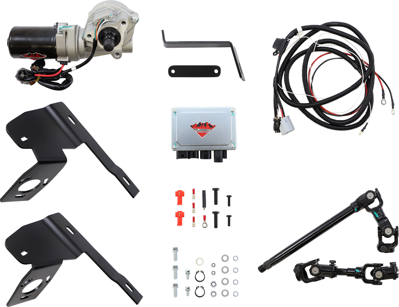 An automotive wiper conversion kit with motor, metal brackets, wiring harness, control module, hardware (nuts, bolts, washers), and linkage rods, all neatly arranged against a white background. Each component is clearly displayed and separated.