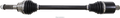 A black automotive CV (constant velocity) axle shaft with rubber boots and metal joints at both ends lies horizontally. A small silver cotter pin is placed below the axle, centered in the image, on a white background.