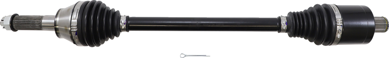 A black automotive CV (constant velocity) axle shaft with rubber boots and metal joints at both ends lies horizontally. A small silver cotter pin is placed below the axle, centered in the image, on a white background.