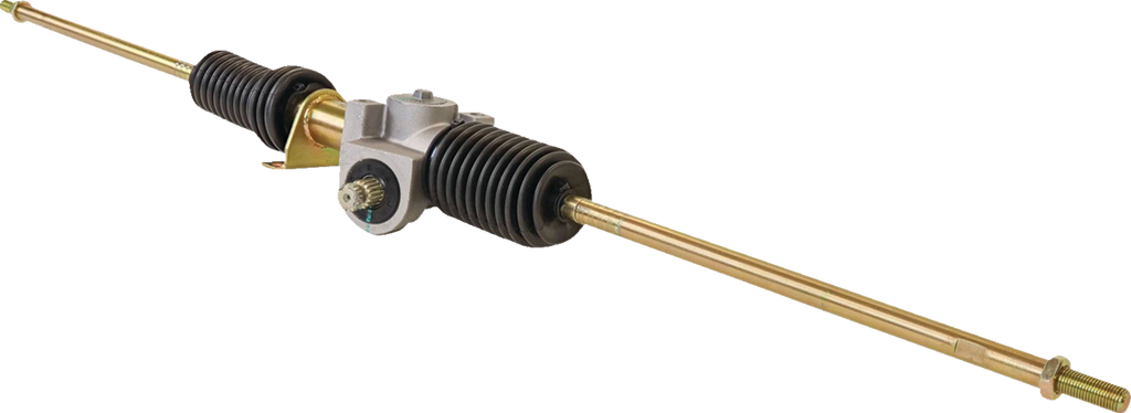 A car steering rack and pinion assembly with gold-colored metal rods extending from both sides, black rubber boots covering each joint, and a central gray metal housing with mechanical components visible. The background is plain and light-colored.