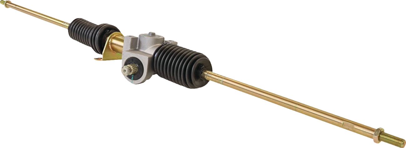 A car steering rack and pinion assembly with gold-colored metal rods extending from both sides, black rubber boots covering each joint, and a central gray metal housing with mechanical components visible. The background is plain and light-colored.