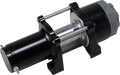 A close-up of a black and silver electric motor with a cylindrical body, metal rods, and a gray cap on one end, mounted on two black plastic supports. The device appears clean and is photographed against a plain white background.