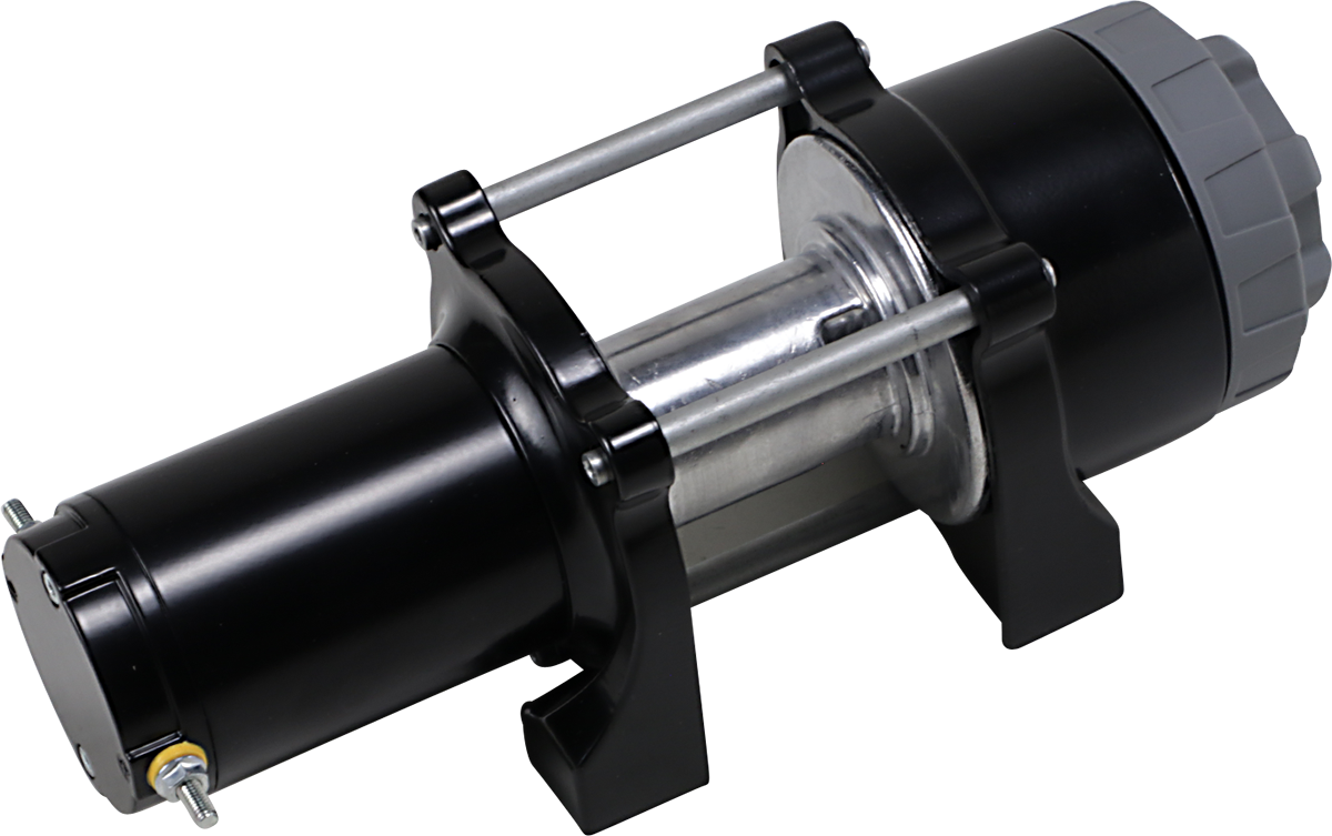 A close-up of a black and silver electric motor with a cylindrical body, metal rods, and a gray cap on one end, mounted on two black plastic supports. The device appears clean and is photographed against a plain white background.