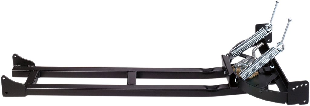 A black metal bike repair stand with two long parallel arms and a triangular base. Two large silver tension springs and bolts are attached near the base, giving the stand a sturdy, industrial appearance. The background is plain and light-colored.