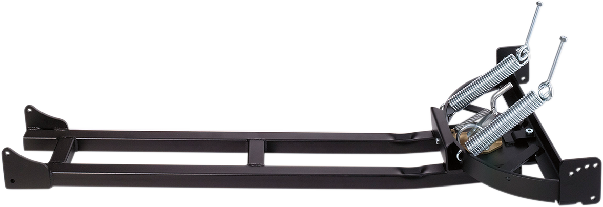 A black metal bike repair stand with two long parallel arms and a triangular base. Two large silver tension springs and bolts are attached near the base, giving the stand a sturdy, industrial appearance. The background is plain and light-colored.