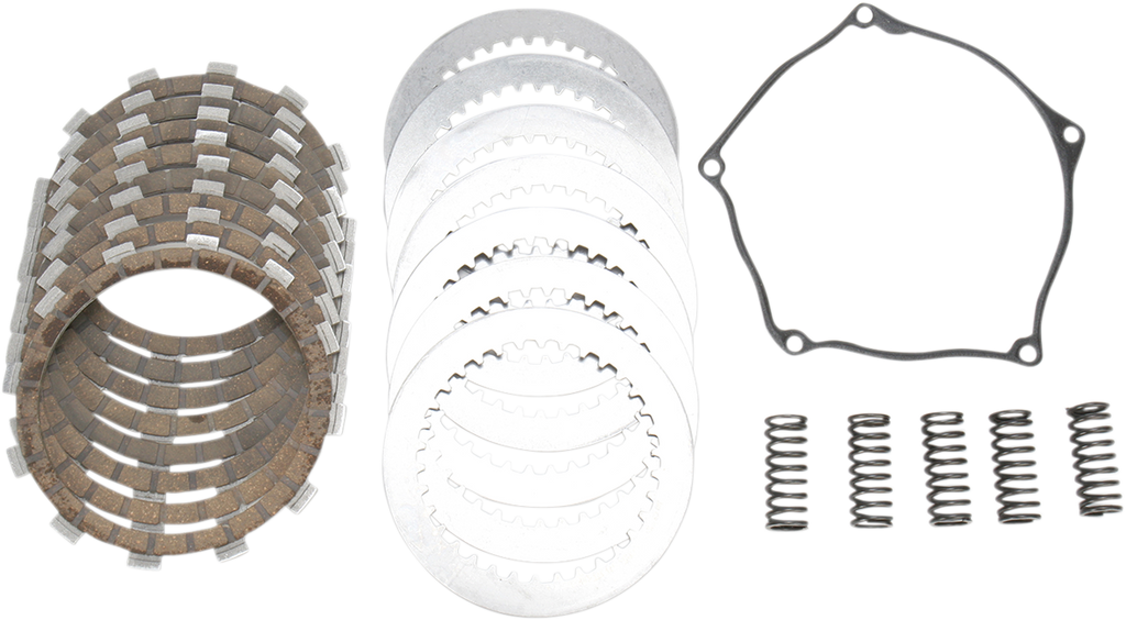 A set of motorcycle clutch components arranged on a white background, including twelve friction plates, nine metal plates, a black gasket, and six metal springs lined up in rows.