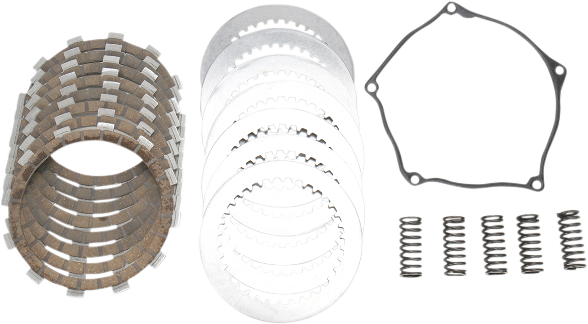 A set of motorcycle clutch components arranged on a white background, including twelve friction plates, nine metal plates, a black gasket, and six metal springs lined up in rows.