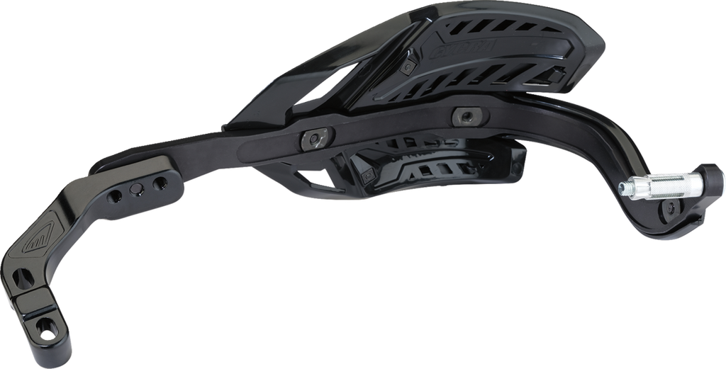 A black, curved plastic and metal motorcycle chain guide with mounting holes, featuring vented, textured surfaces, and a silver bolt on one end. The design is aerodynamic and functional, with layered components and a matte finish.