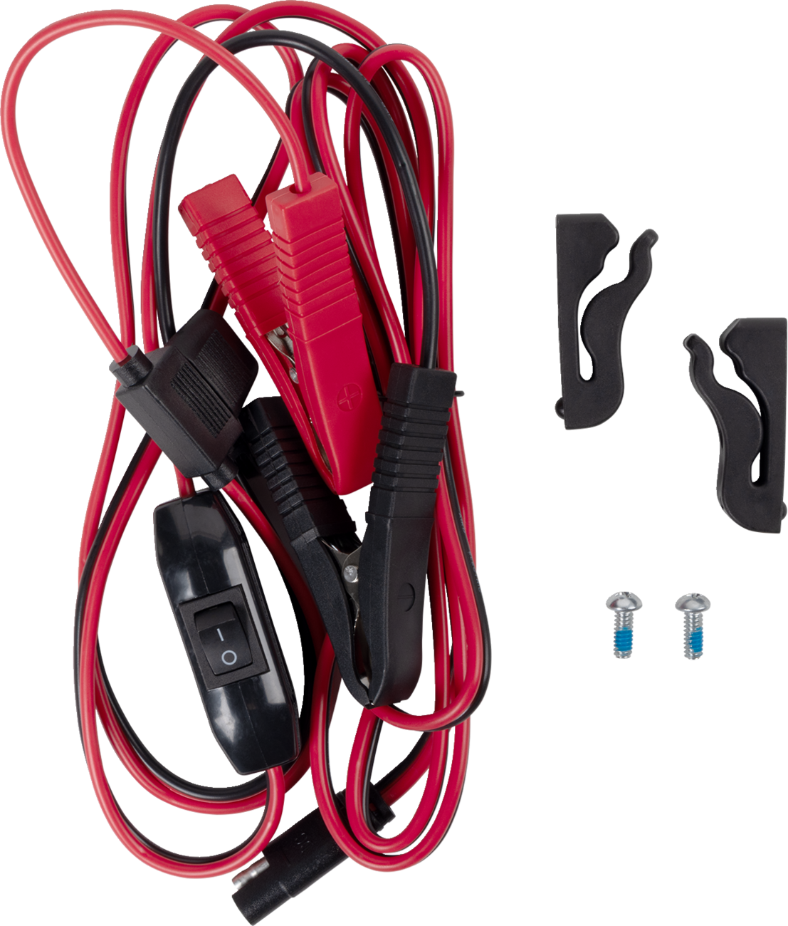 A coiled set of red and black jumper cables with alligator clips, a black inline switch, and a connector. Next to the cables are two black plastic mounting brackets and two small metal screws on a plain white background.