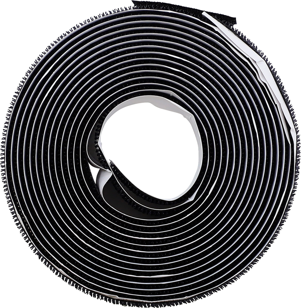 A close-up, top-down view of a tightly coiled black hook-and-loop fastener strip, commonly known as Velcro, with textured hooks visible along the outer edge and a smooth backing on the inner side. The roll forms concentric circles.