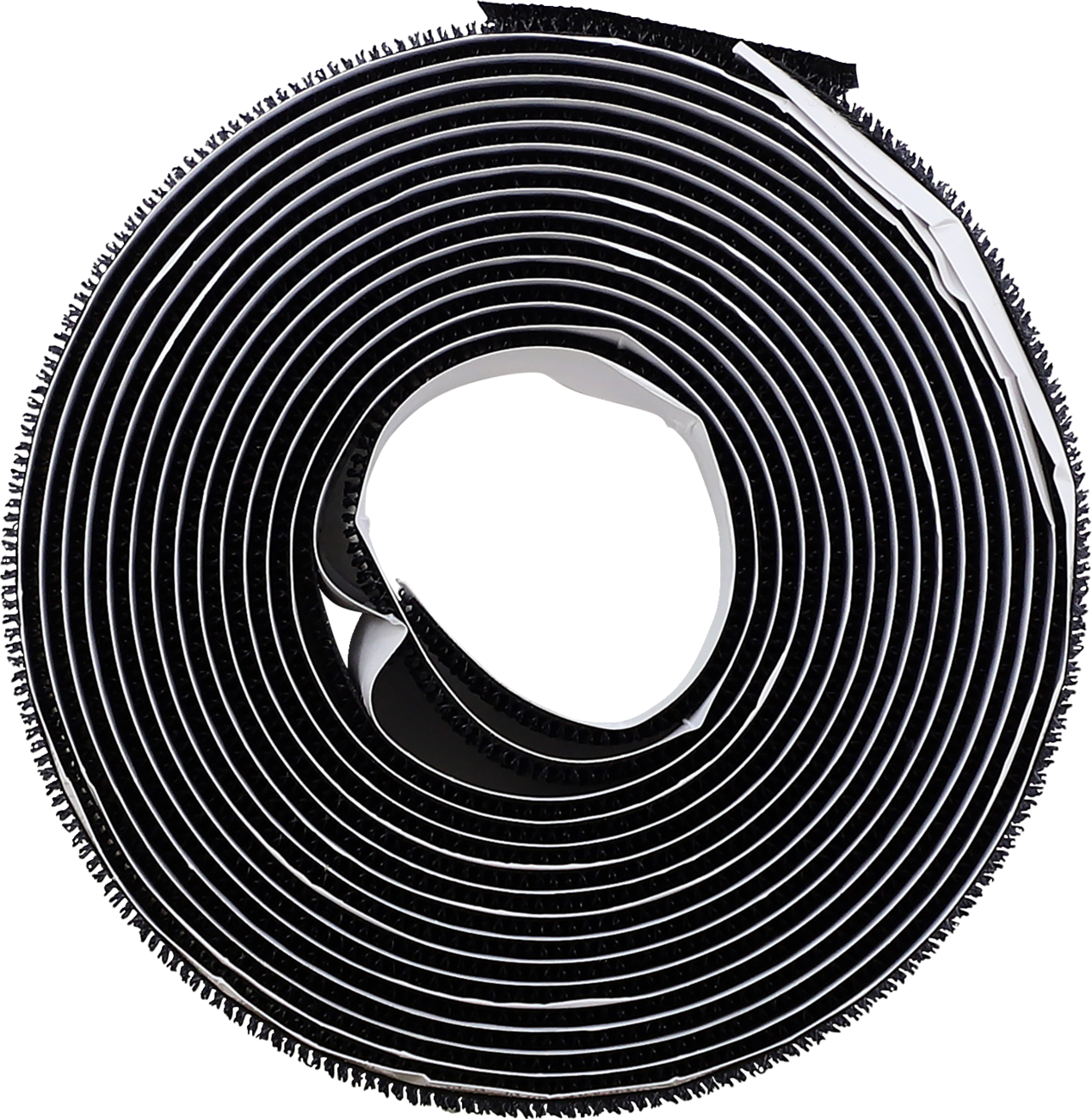 A close-up, top-down view of a tightly coiled black hook-and-loop fastener strip, commonly known as Velcro, with textured hooks visible along the outer edge and a smooth backing on the inner side. The roll forms concentric circles.
