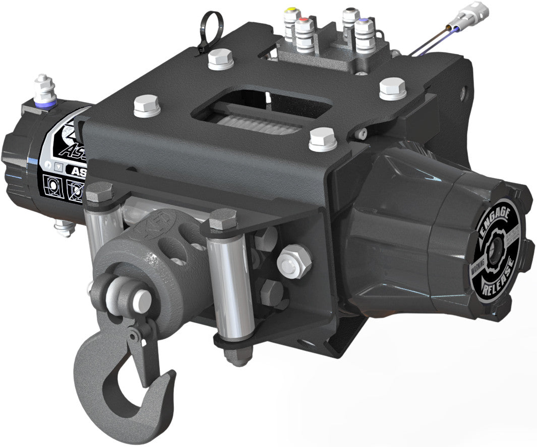 A detailed 3D rendering of the Assault Polaris Kit 2500Lb winch, featuring a black and metallic finish, metal hook, bolted frame, visible cables, labeled parts including a “Clutch Engage Release” cap, and multiple connection points.