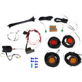 The Universal Led Turn Signal Kit With Steering Column Switch is shown on a white background, featuring four round amber lights with wires, a black control box, zip ties, connectors, two green lights, two black rectangular mounts, screws, and blue wire co