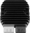A black, rectangular electronic component with vertical heat sink fins, viewed from above. At the bottom, it has two connector ports: one white and one black, both with rectangular shapes. The component is symmetrical and set against a plain white backgro