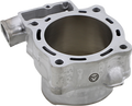 A silver, metallic engine cylinder with a large central bore, rounded edges, multiple bolt holes around the rim, and an embossed logo. The surface shows slight texture and machining marks. The piece is isolated on a white background.