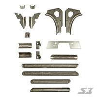 The S3 Power Sports 2017+ Can-Am Maverick X3 Chassis Weld-In Gusset Kit includes a variety of unassembled metal parts—curved brackets, flat plates with holes, cylindrical tubes, and smaller sections—displayed on a white background.