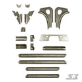The S3 Power Sports 2017+ Can-Am Maverick X3 Chassis Weld-In Gusset Kit includes a variety of unassembled metal parts—curved brackets, flat plates with holes, cylindrical tubes, and smaller sections—displayed on a white background.