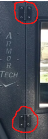 Close-up of a black vehicle door with ARMOR TECH branding, showing two red-encircled Hinge Replacement Armor Tech hinges. A partially visible window with a black frame appears on the right side.