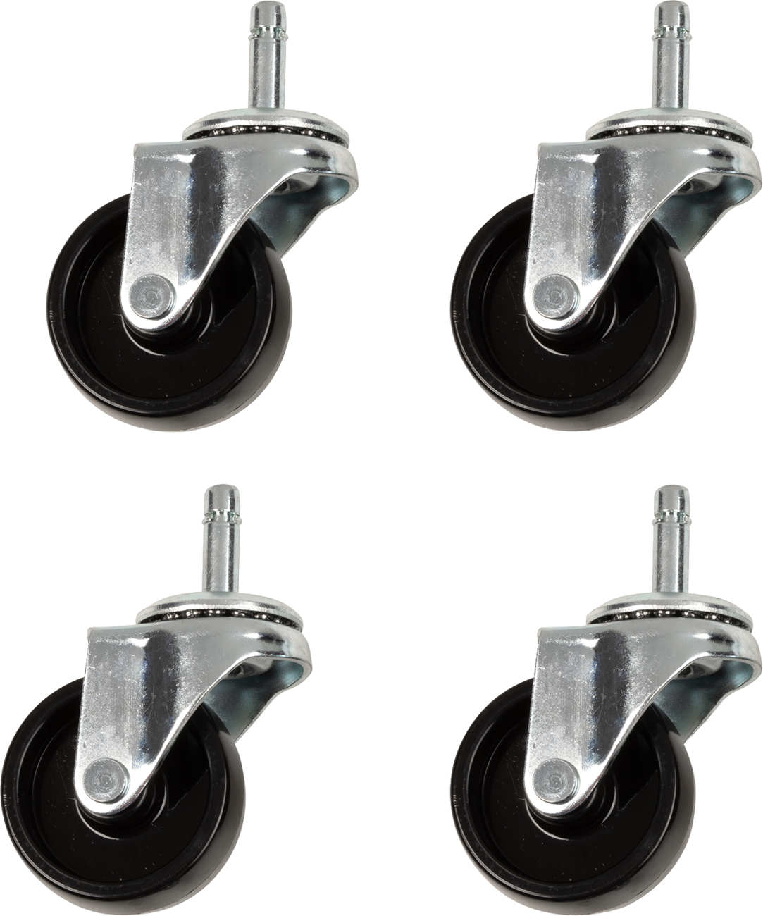 Four black swivel caster wheels with silver metal mounting hardware are arranged in a 2x2 grid on a white background. Each wheel has a cylindrical stem for attachment at the top, and a round wheel encased in a metal frame below.