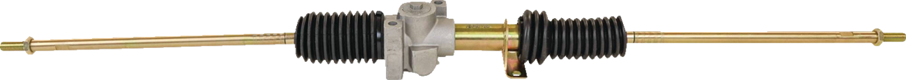 A metal rack and pinion steering assembly with gold-colored rods extended on both sides, black accordion-style rubber boots at both ends, and a silver central housing with a mounting bracket.