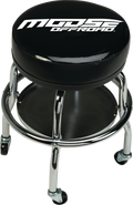 A black round stool with chrome legs and wheels features the bold white Moose Offroad logo on the cushioned seat. A circular metal tray is attached below the seat, serving as a handy storage shelf.