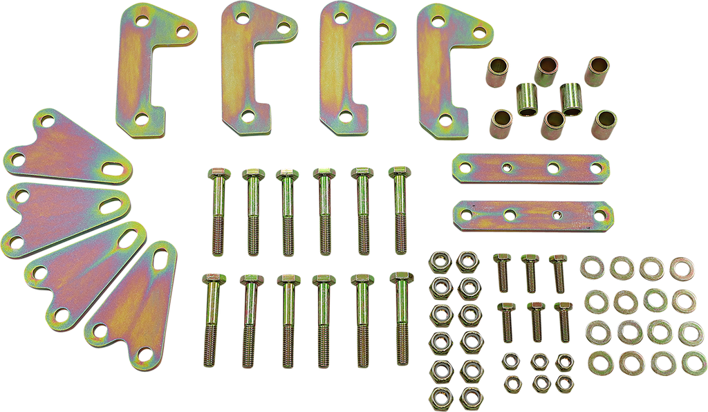 A set of metal hardware parts displayed neatly: four angled brackets, four flat plates, eight cylindrical spacers, two rectangular strips, eight bolts, eight nuts, eight washers, and eight lock washers, all in a yellow zinc finish on a white background.