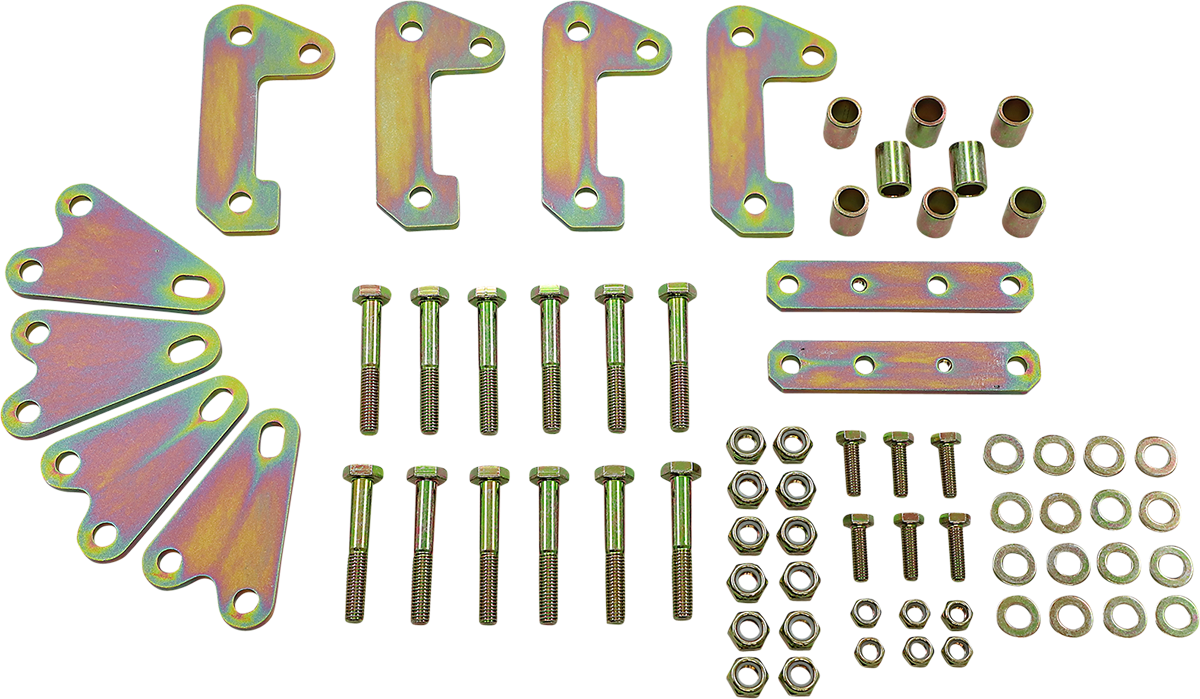 A set of metal hardware parts displayed neatly: four angled brackets, four flat plates, eight cylindrical spacers, two rectangular strips, eight bolts, eight nuts, eight washers, and eight lock washers, all in a yellow zinc finish on a white background.