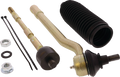 A set of automotive steering components, including a gold metal tie rod, a black rubber accordion boot, two hex nuts, a washer, and two black zip ties, all arranged against a light background.